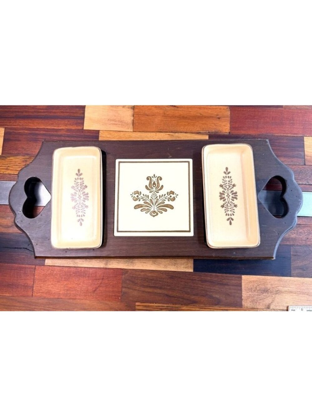 Vintage Pfaltzgraff Village 3 Pc Relish wooden serving tray, relish tray, candy